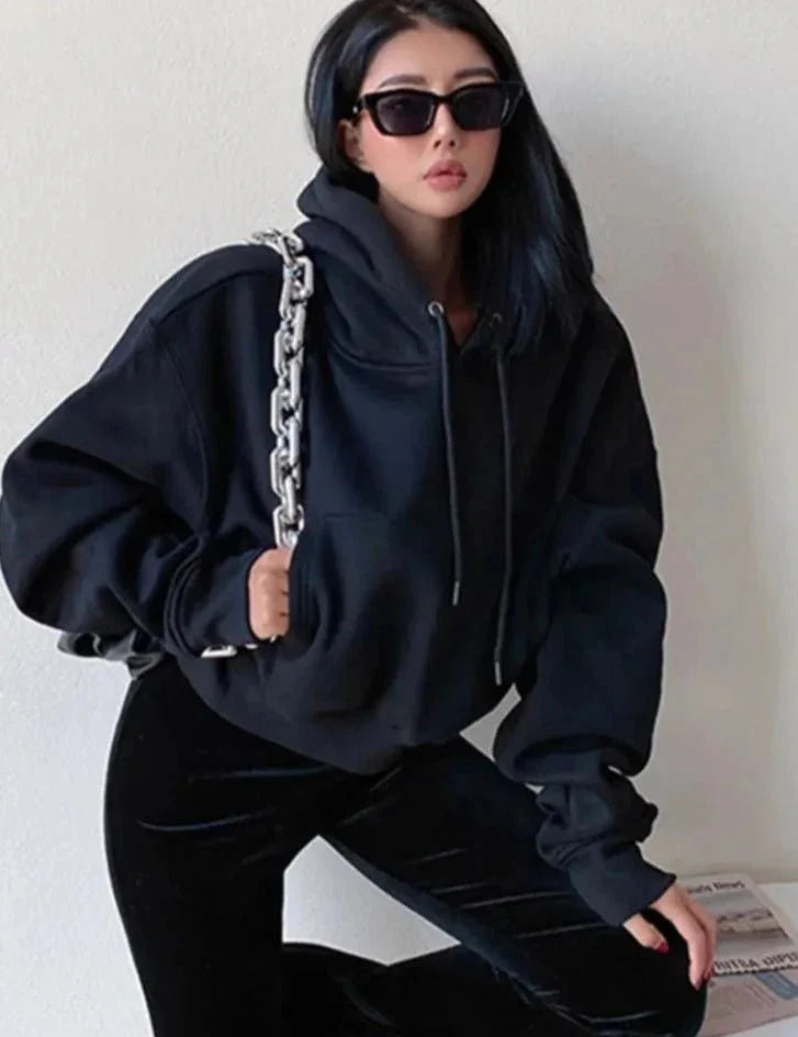 Solid Fleece Hooded Clothing Long Sleeve Tops Loose Pocket Sweatshirt Female Casual Pullover