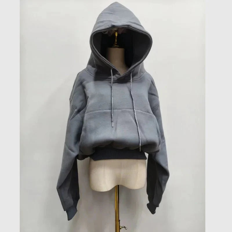 Solid Fleece Hooded Clothing Long Sleeve Tops Loose Pocket Sweatshirt Female Casual Pullover