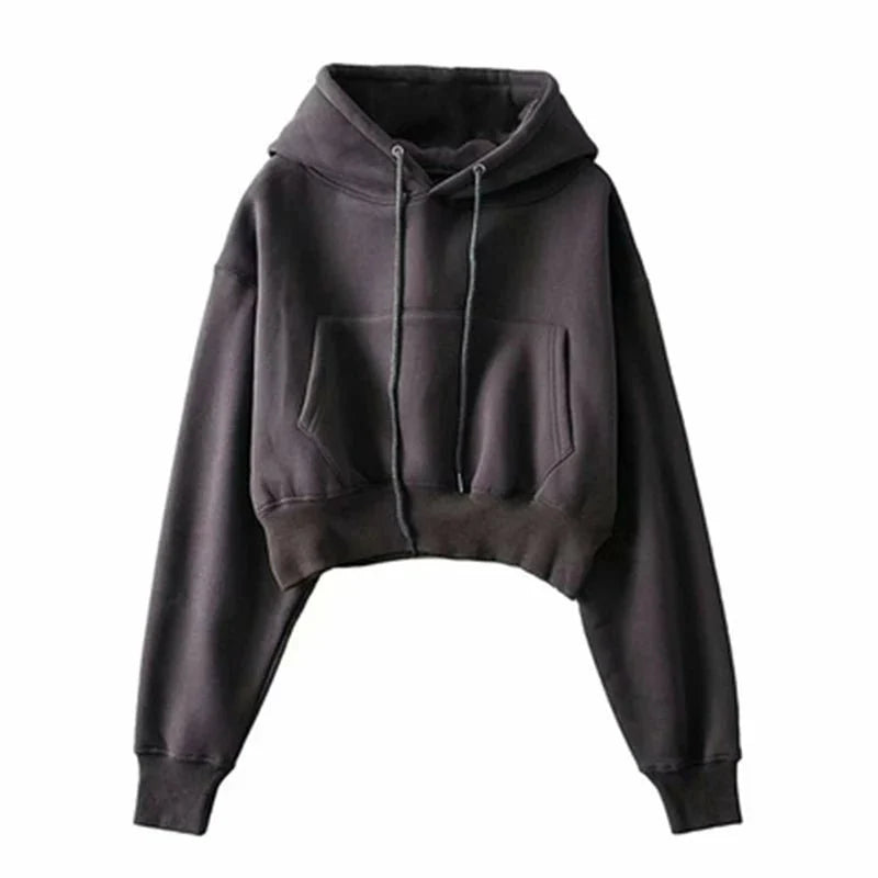 Solid Fleece Hooded Clothing Long Sleeve Tops Loose Pocket Sweatshirt Female Casual Pullover