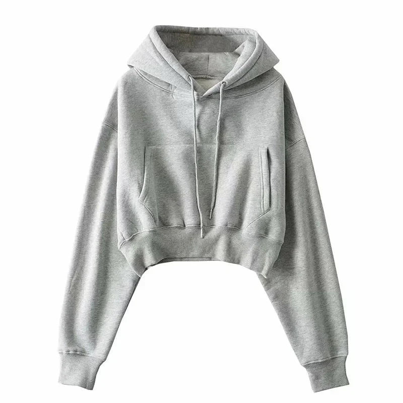 Solid Fleece Hooded Clothing Long Sleeve Tops Loose Pocket Sweatshirt Female Casual Pullover