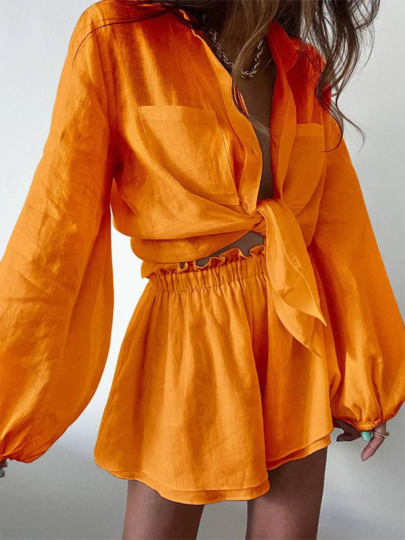 Solid Loose Fit Outfits Blouse Suit 2 Piece Set