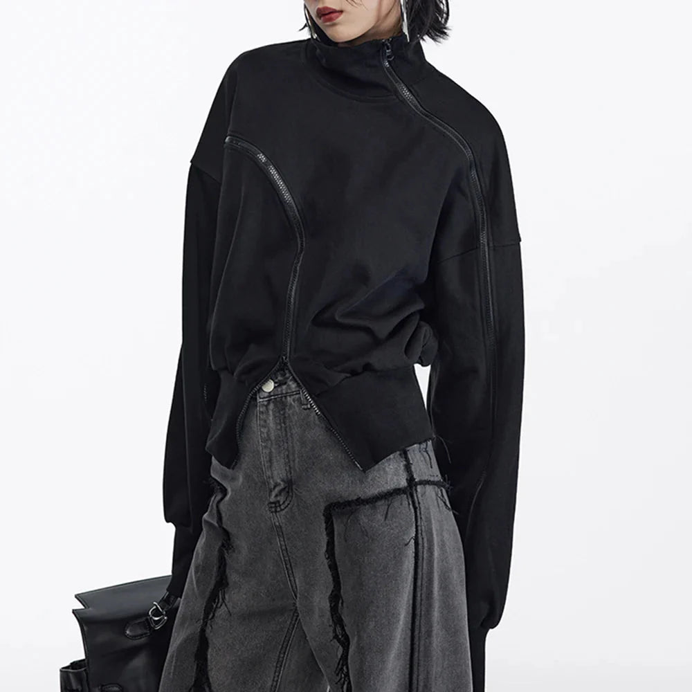 Solid Patchwork Zipper Tuntleneck Long Sleeve Pullover Sweatshirt