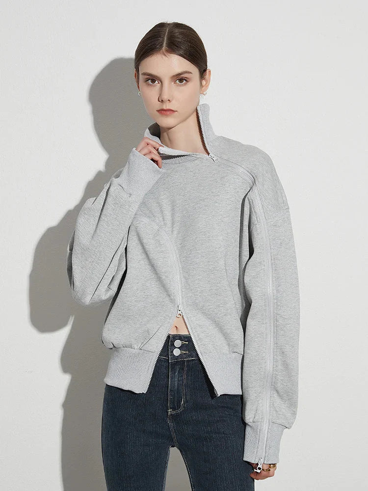 Solid Patchwork Zipper Tuntleneck Long Sleeve Pullover Sweatshirt