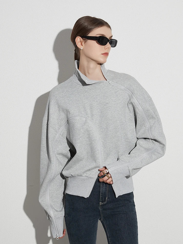 Solid Patchwork Zipper Tuntleneck Long Sleeve Pullover Sweatshirt