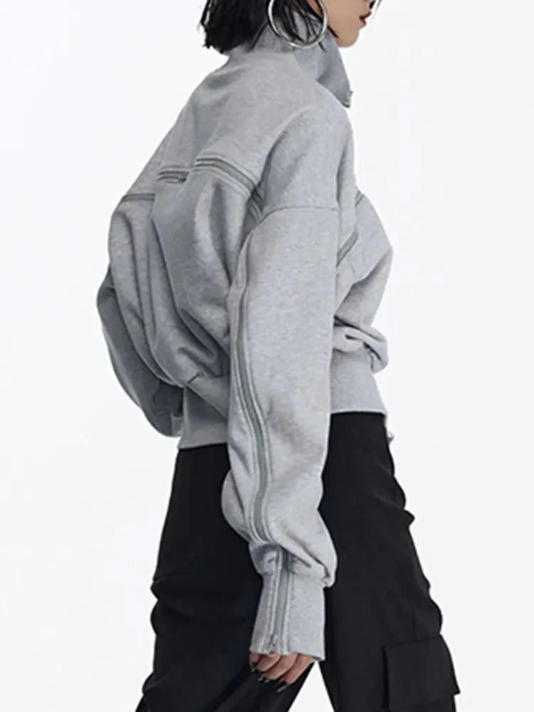 Solid Patchwork Zipper Tuntleneck Long Sleeve Pullover Sweatshirt