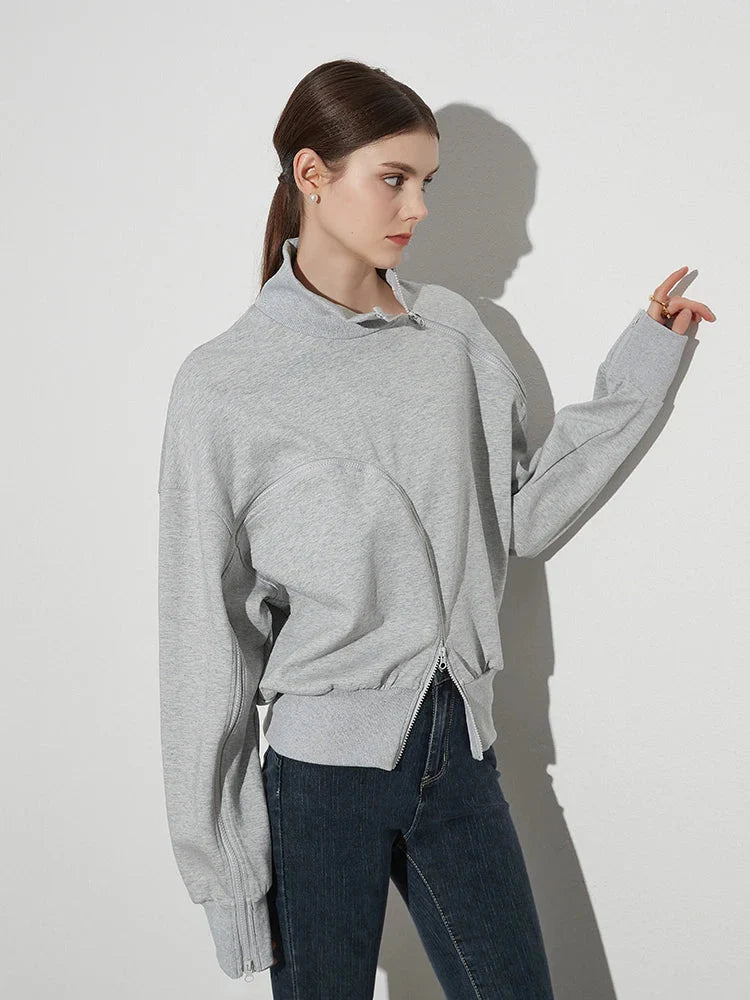 Solid Patchwork Zipper Tuntleneck Long Sleeve Pullover Sweatshirt