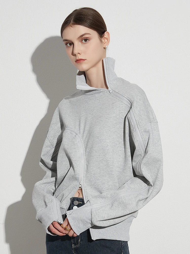 Solid Patchwork Zipper Tuntleneck Long Sleeve Pullover Sweatshirt