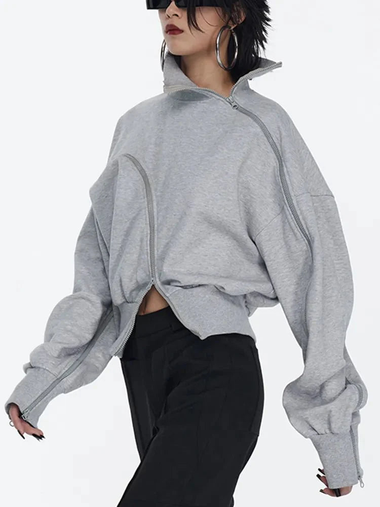Solid Patchwork Zipper Tuntleneck Long Sleeve Pullover Sweatshirt