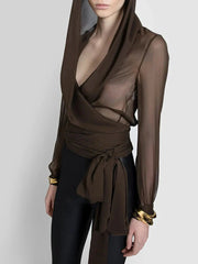 Solid See-through Slim Hooded Blouse