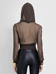 Solid See-through Slim Hooded Blouse
