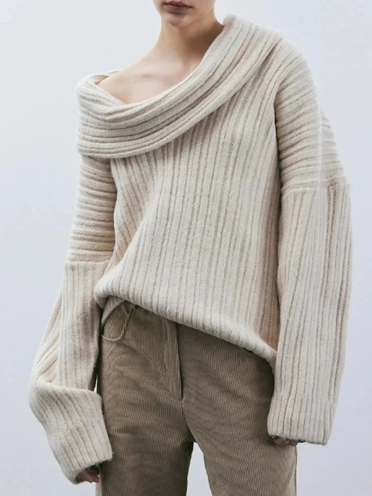 Solid Slash Neck Sweater Loose Knitwear