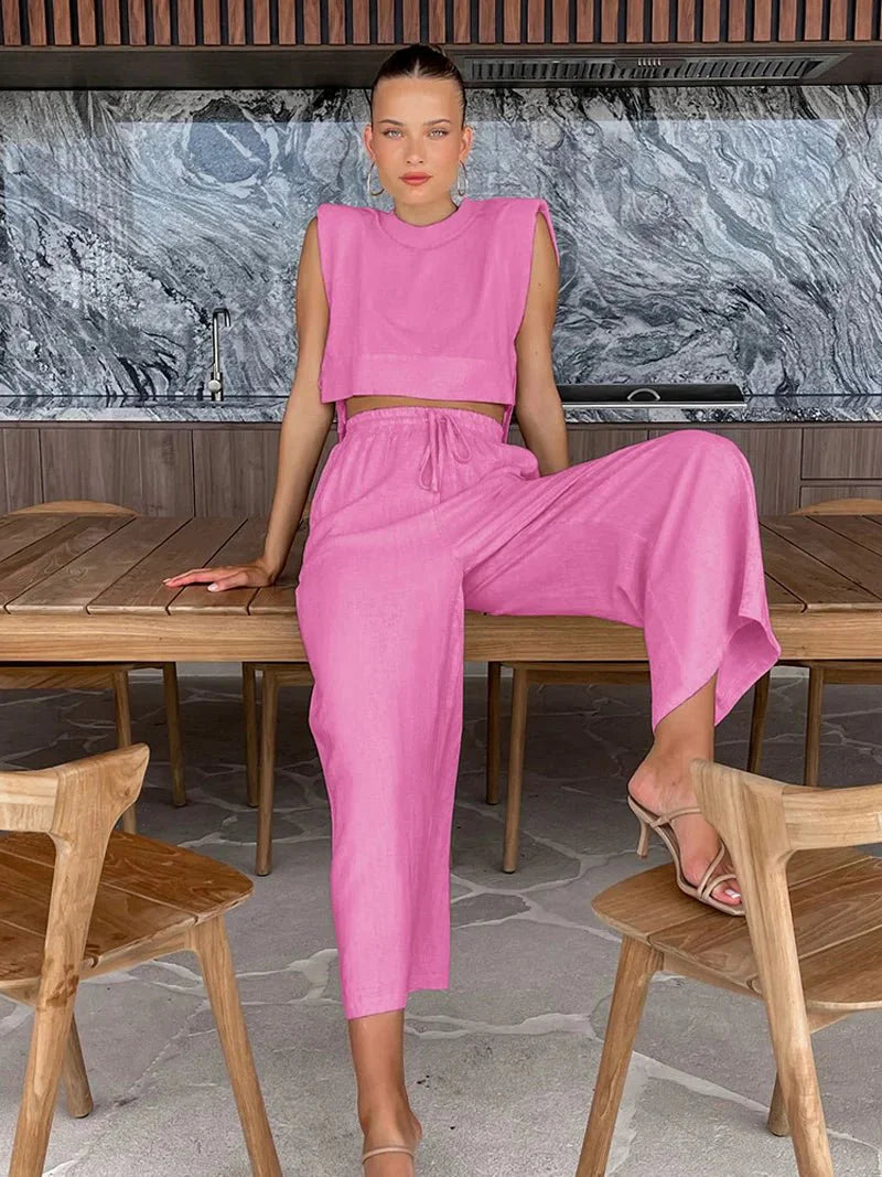 Spring Summer Linen Pant Set Crop Tops Outfits