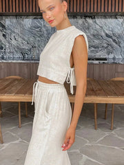 Spring Summer Linen Pant Set Crop Tops Outfits