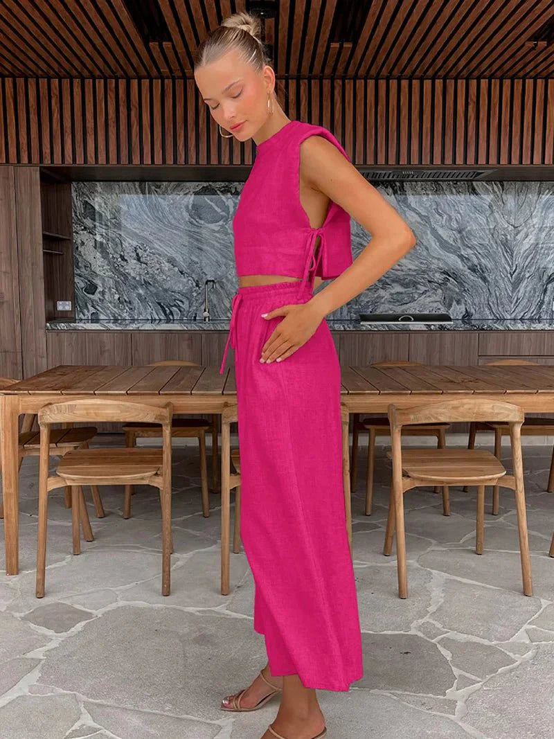 Spring Summer Linen Pant Set Crop Tops Outfits