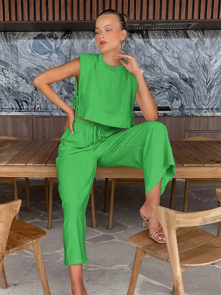 Spring Summer Linen Pant Set Crop Tops Outfits