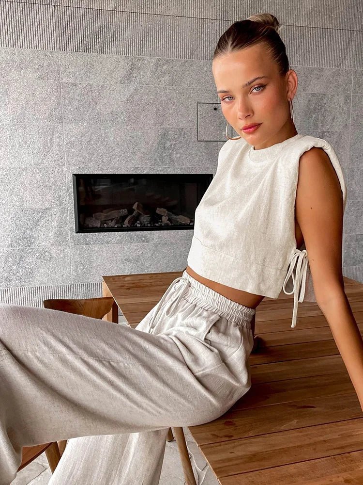 Spring Summer Linen Pant Set Crop Tops Outfits