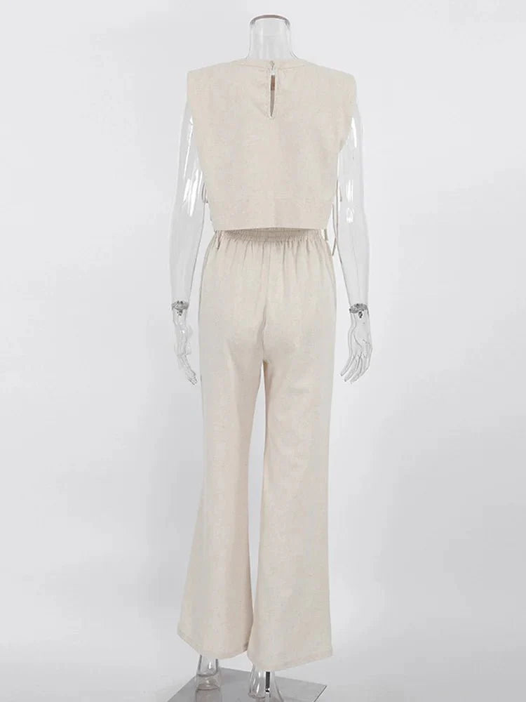 Spring Summer Linen Pant Set Crop Tops Outfits