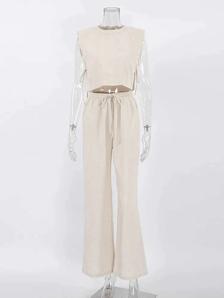 Spring Summer Linen Pant Set Crop Tops Outfits