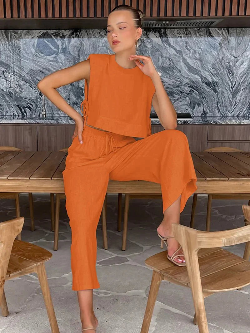 Spring Summer Linen Pant Set Crop Tops Outfits