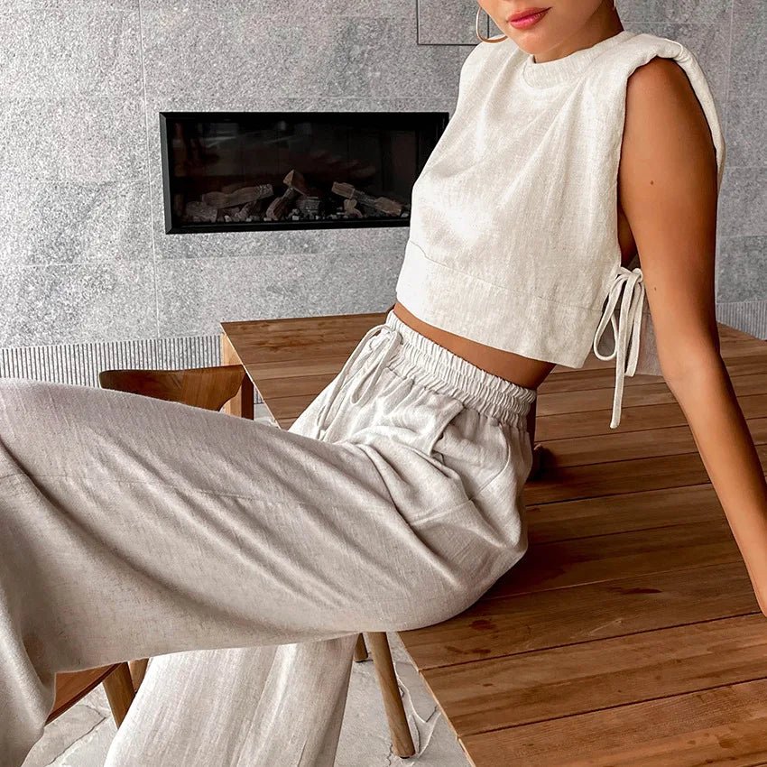 Spring Summer Linen Pant Set Crop Tops Outfits