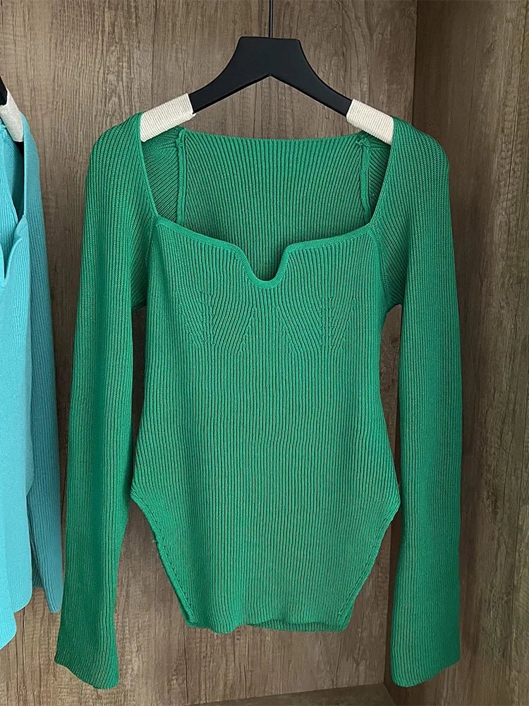 Square Collar Long Sleeve Sweaters Slim Knitted