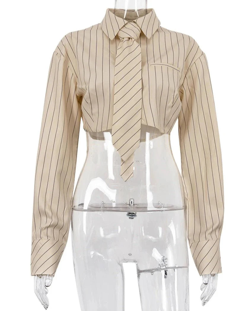 Striped Tie Crop Blouse with Turn-down Collar