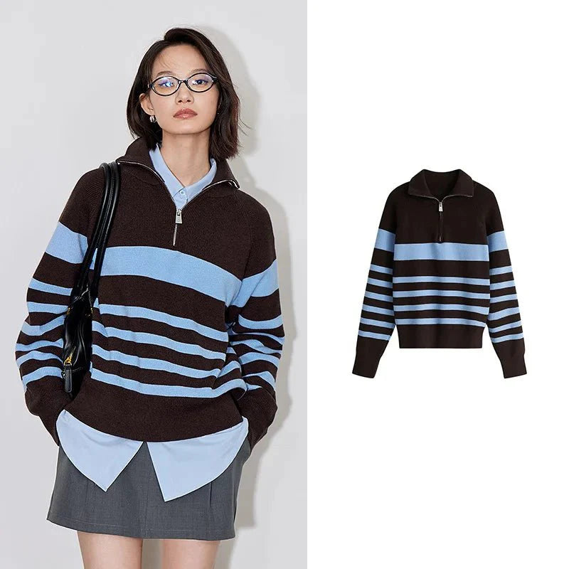 Striped Zipper Polo Sweates