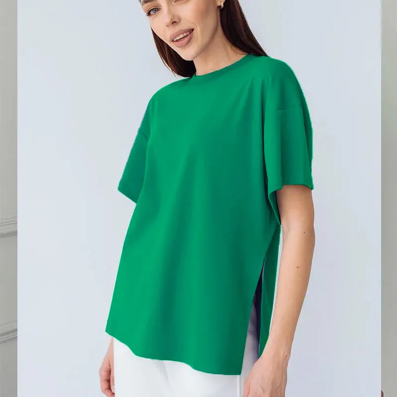 Summer Oversized Cotton Solid Split Basic Tshirt