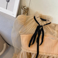 Sweet Mesh Lace Up Long Flare Sleeve Shirt Blouse