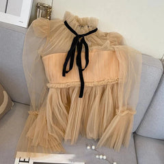 Sweet Mesh Lace Up Long Flare Sleeve Shirt Blouse