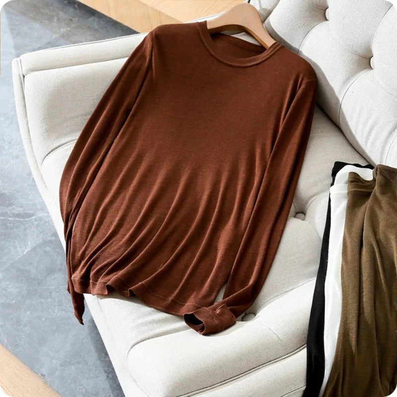 Thin O-Neck Solid Wool Long Sleeve T Shirt