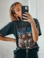 Tiger Washed Black Cotton Vintage T-shirts
