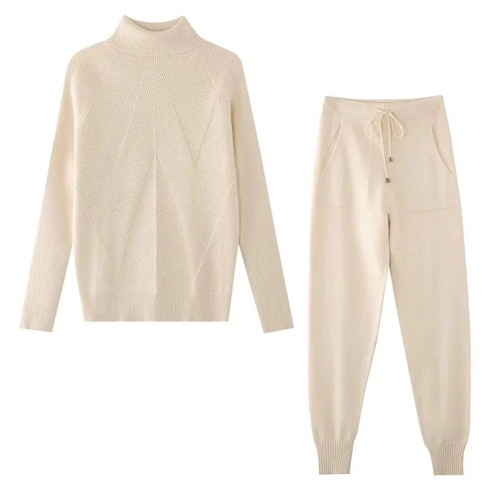 Tracksuit Turtleneck Sweater and Elastic Trousers Suits Knitted Two Piece Set