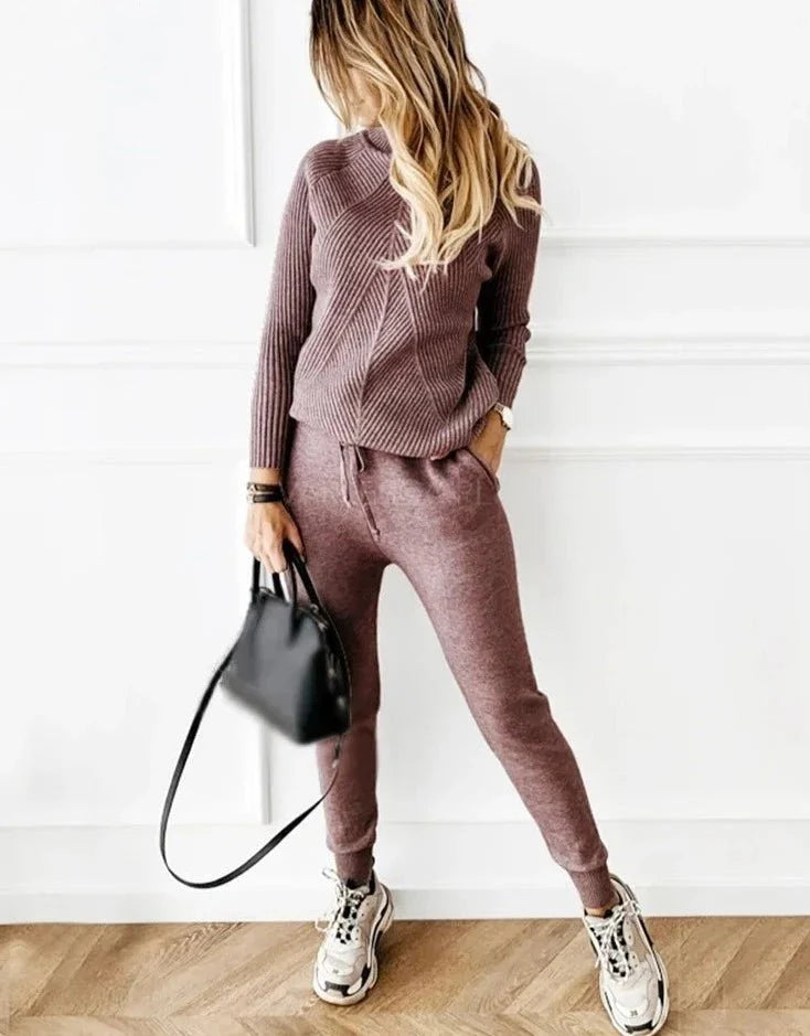 Tracksuit Turtleneck Sweater and Elastic Trousers Suits Knitted Two Piece Set