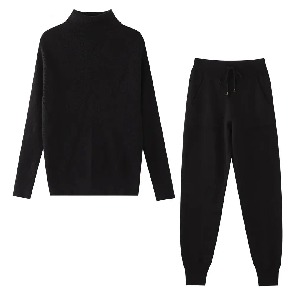 Tracksuit Turtleneck Sweater and Elastic Trousers Suits Knitted Two Piece Set