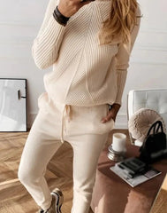Tracksuit Turtleneck Sweater and Elastic Trousers Suits Knitted Two Piece Set
