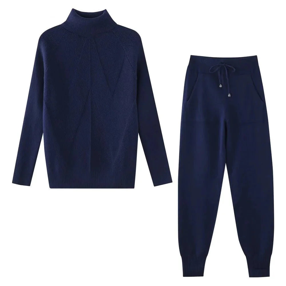 Tracksuit Turtleneck Sweater and Elastic Trousers Suits Knitted Two Piece Set