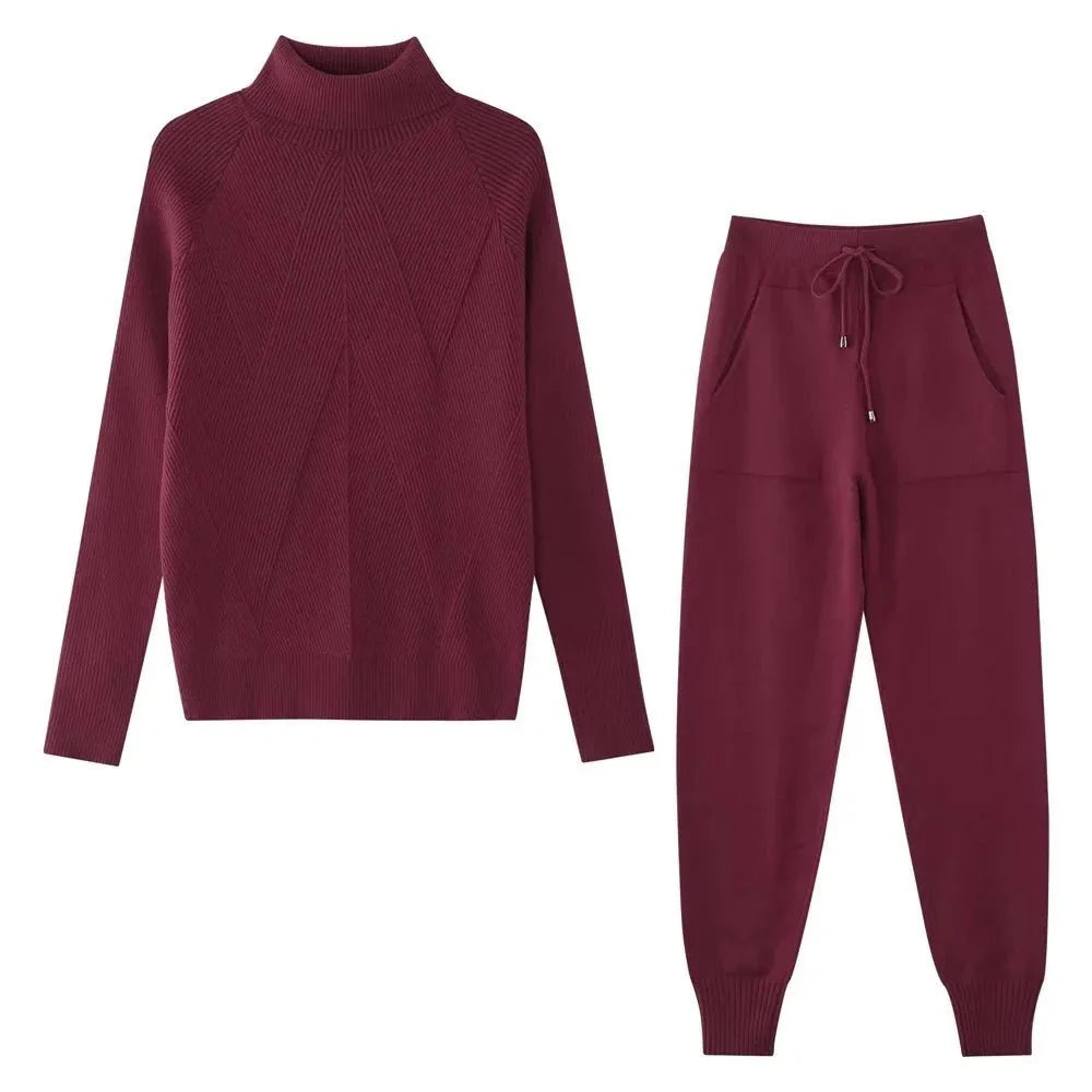 Tracksuit Turtleneck Sweater and Elastic Trousers Suits Knitted Two Piece Set