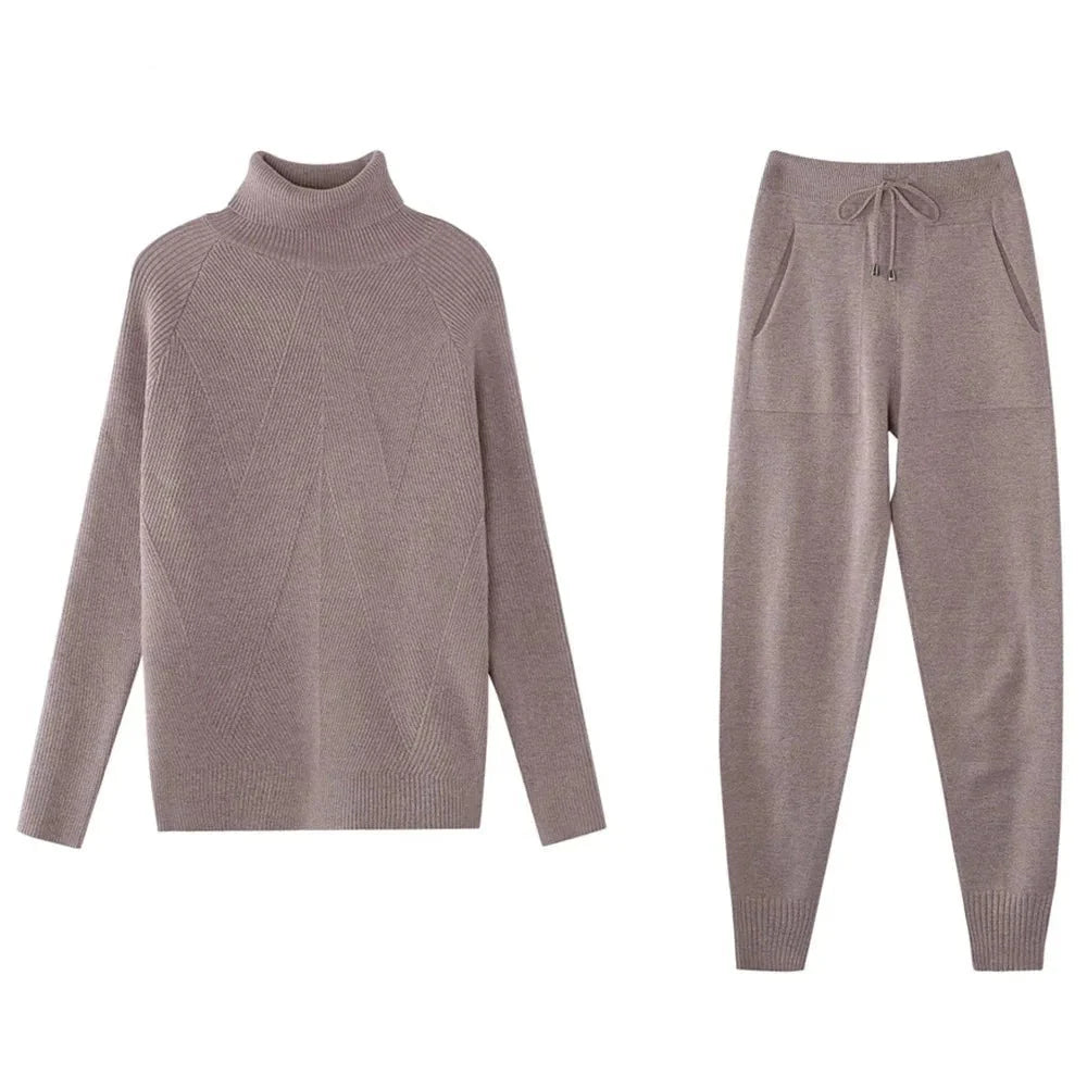 Tracksuit Turtleneck Sweater and Elastic Trousers Suits Knitted Two Piece Set