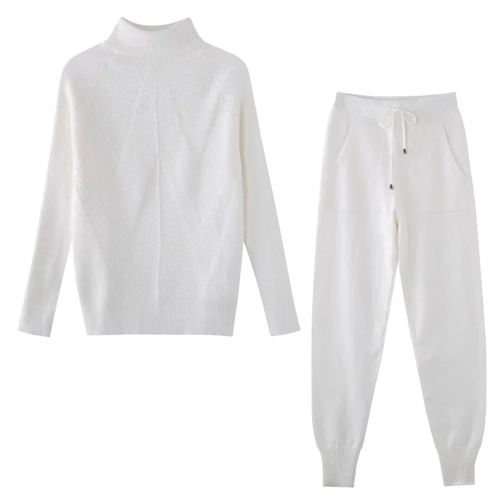 Tracksuit Turtleneck Sweater and Elastic Trousers Suits Knitted Two Piece Set