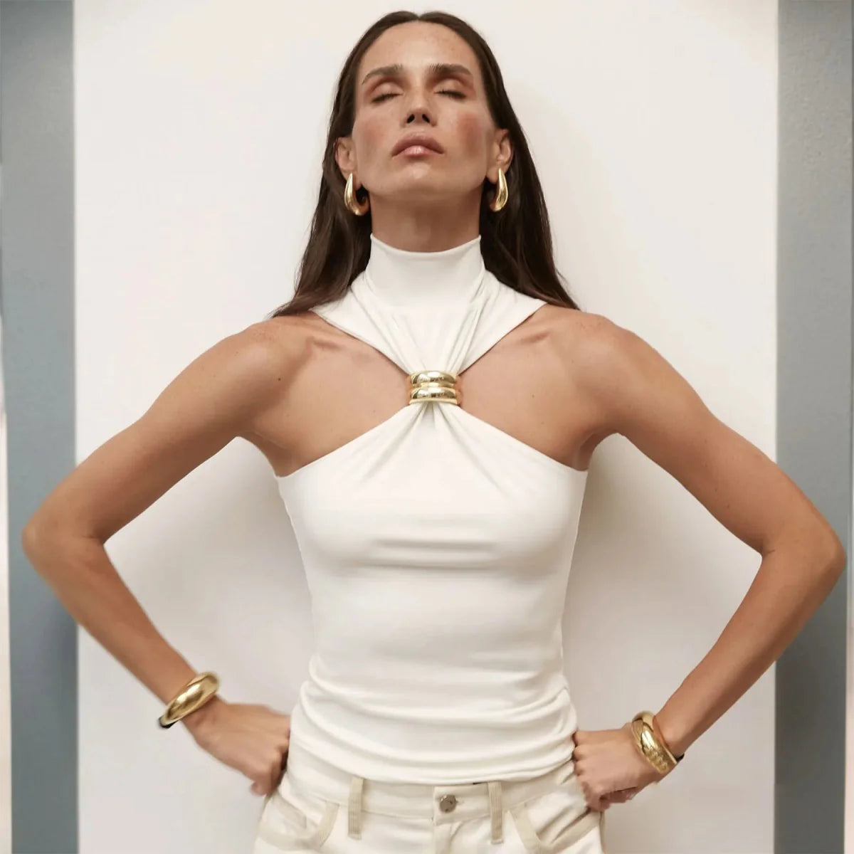 Turtleneck Metal Ring Tank Tops