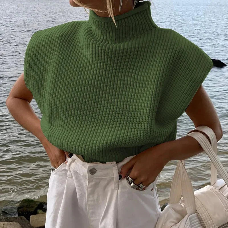 Turtleneck Sleeveless Vest Shoulder pads Pullover Knitted