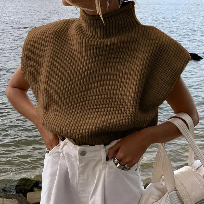 Turtleneck Sleeveless Vest Shoulder pads Pullover Knitted