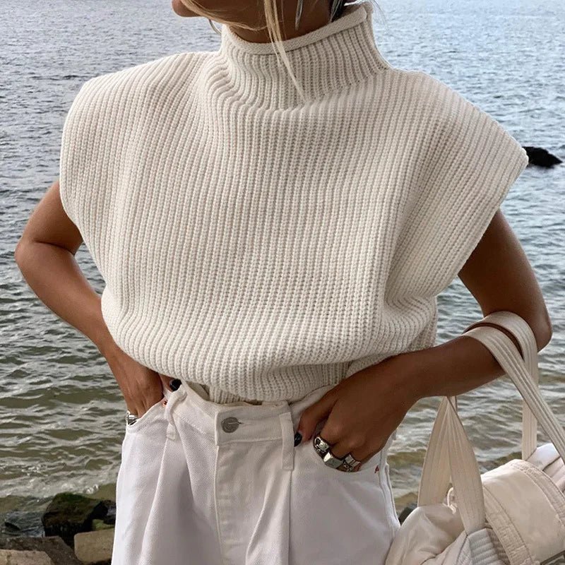 Turtleneck Sleeveless Vest Shoulder pads Pullover Knitted