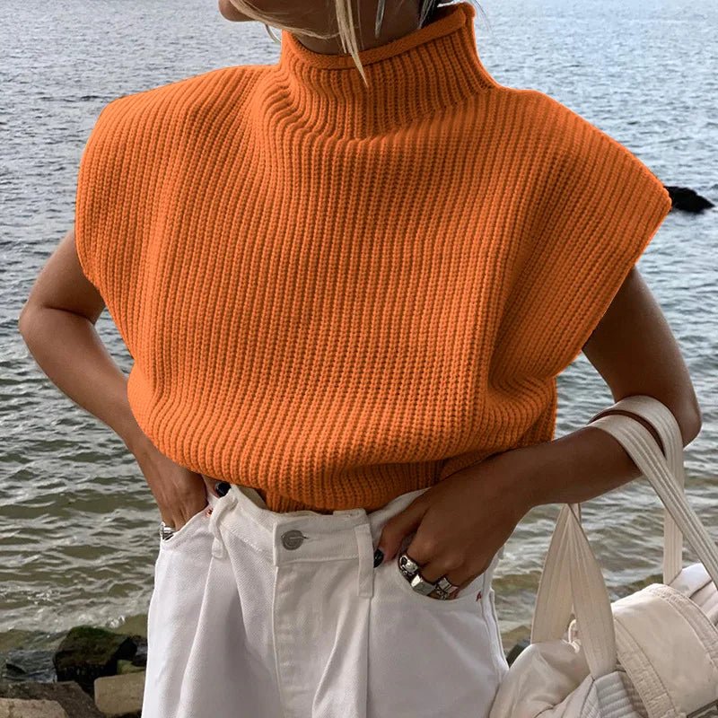 Turtleneck Sleeveless Vest Shoulder pads Pullover Knitted