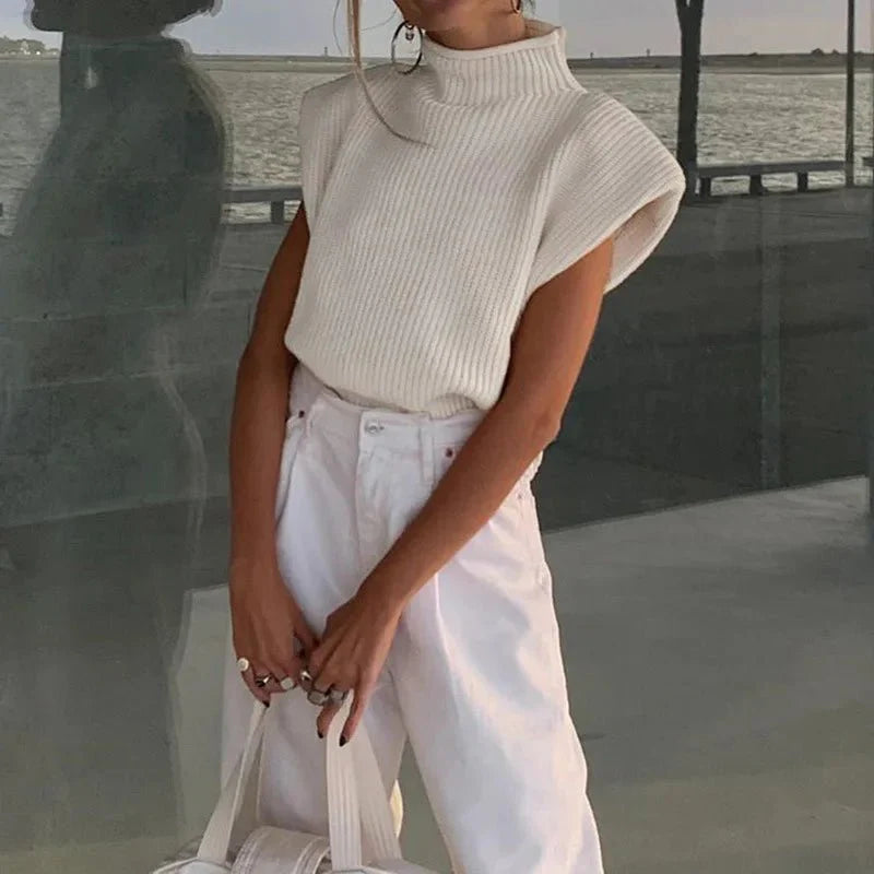 Turtleneck Sleeveless Vest Shoulder pads Pullover Knitted