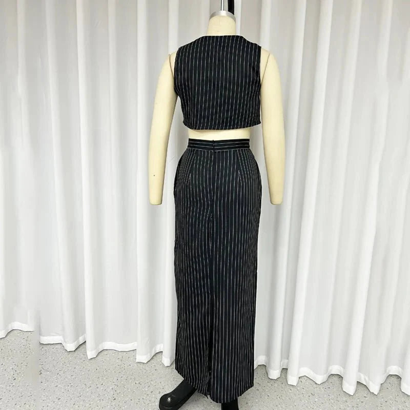 Two Piece Set Striped Printed Vest A-Line Skirt