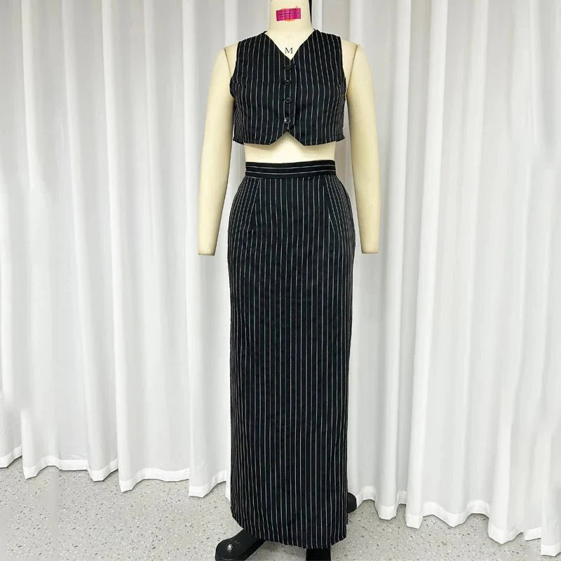 Two Piece Set Striped Printed Vest A-Line Skirt