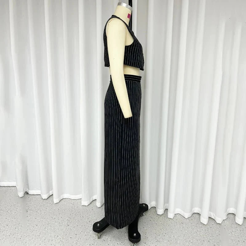 Two Piece Set Striped Printed Vest A-Line Skirt