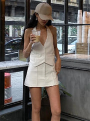 Two Piece Sets Sleeveless Halter Top A-Line Skirt